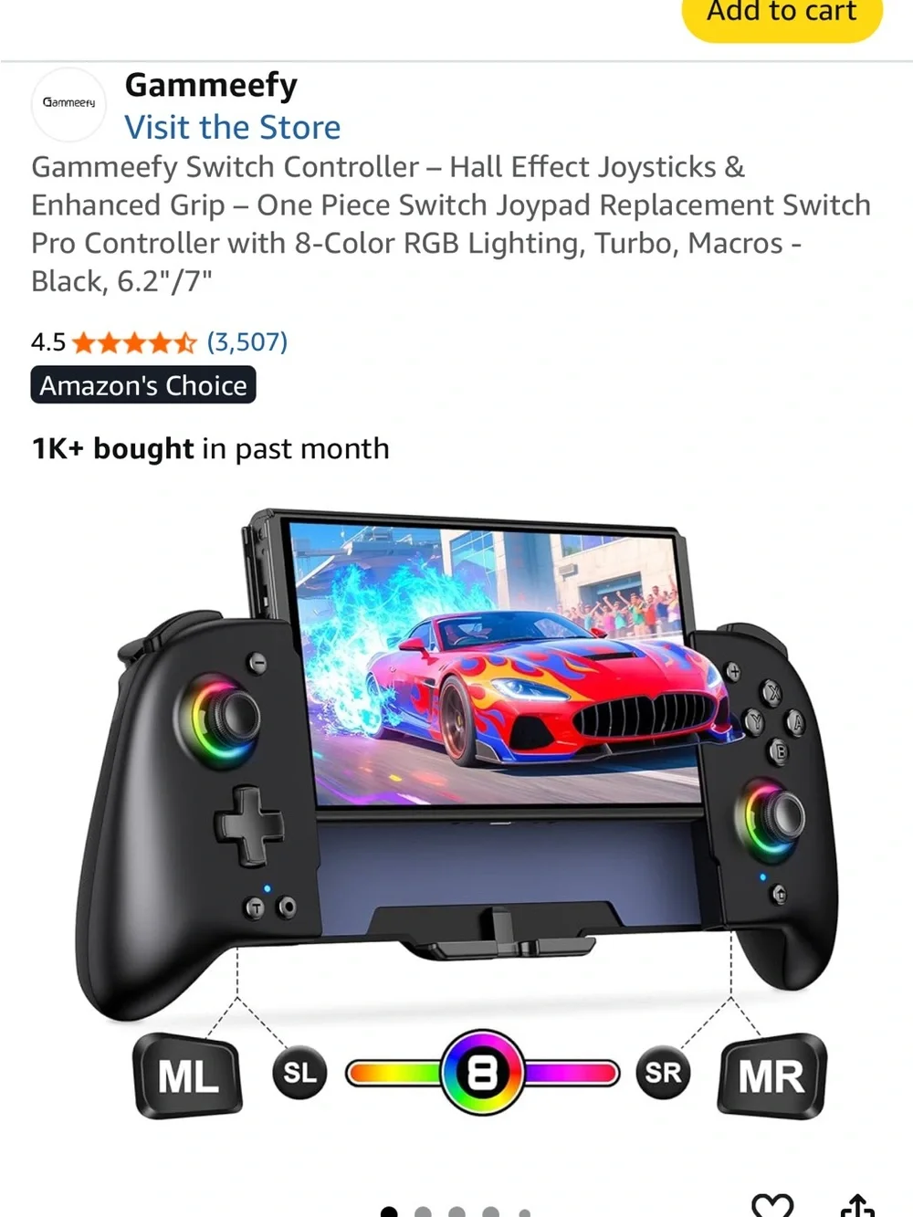 Gammeefy Black Nintendo Switch Controller with Charging Cable